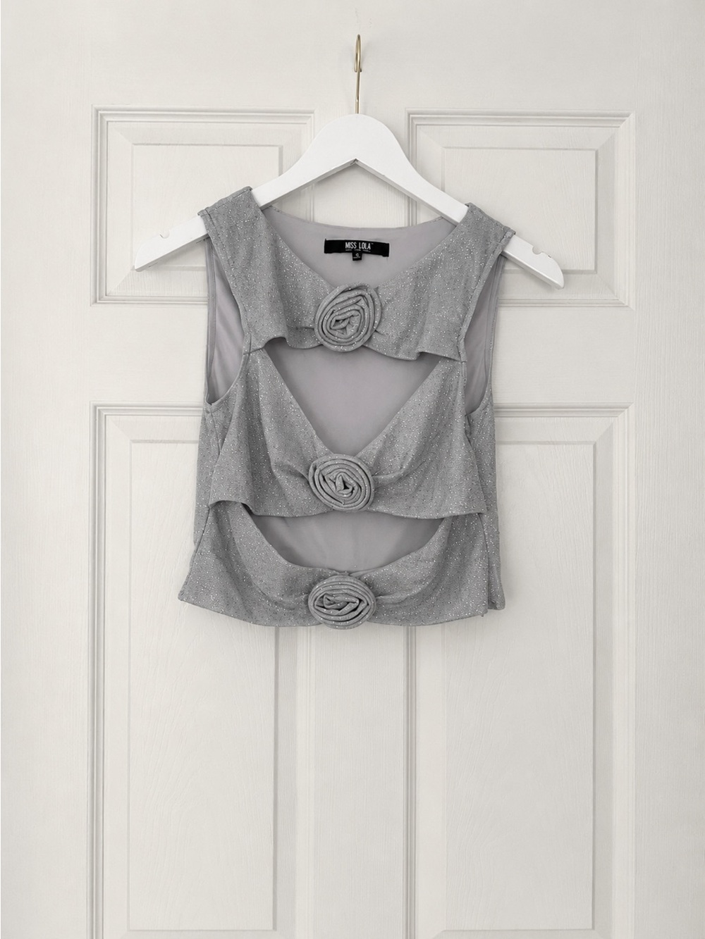 Silver Sparkle Rosette cutout top Y2K party club wear size medium